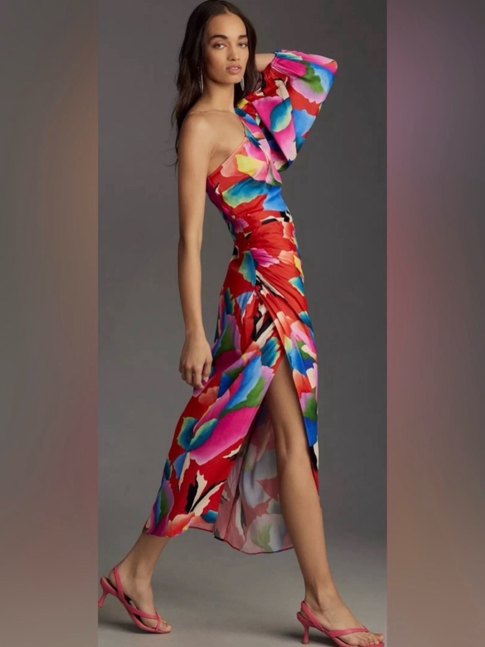 Farm Rio One-Shoulder Floral Midi Dress